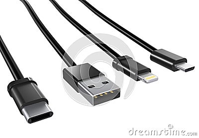 USB cables type A, and type C plugs, micro USB and lightning, universal computer and phone connection on white background. isolate Stock Photo