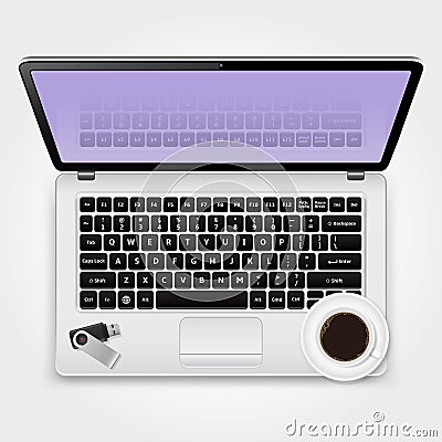USB flash drive and cup of coffee standing on the laptop Vector Illustration