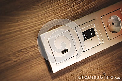 USB, HDMI, power sockets Stock Photo