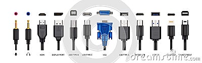 USB port. Hand drawn MI. Computer plug. Connection jack. Lightning charge mini. Ethernet icon. 3D phone socket. Mobile Vector Illustration