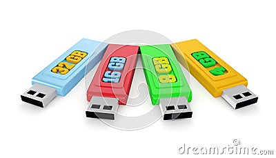 4 usb sticks with capacities Stock Photo