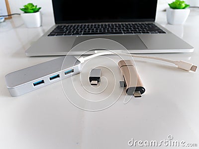 USB to USB Type-C Adapter Converter and Type-C Memory Card Reader Stock Photo