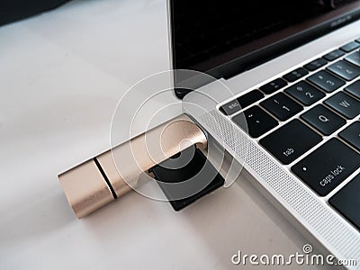 USB Type-C Memory Card Reader Attached to Laptop Stock Photo