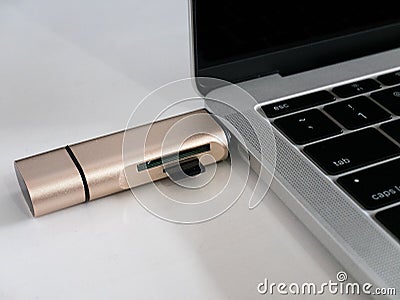 USB Type-C Memory Card Reader Attached to Laptop Stock Photo