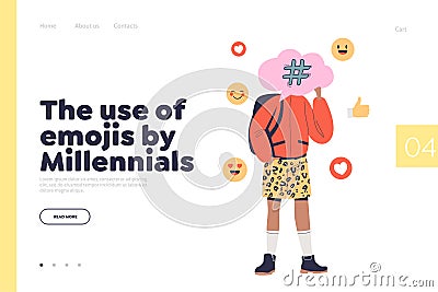 Use of emoji by millennials concept of landing page with hipster man share emotions in social media Vector Illustration