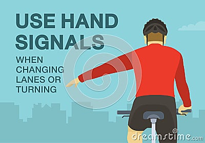 Use hand signals when changing lanes or turning. Close-up back view of a cyclist showing left turn gesture while cycling. Vector Illustration