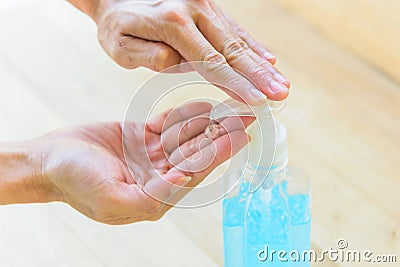 Use sanitizer gel for cleaning the hand for protect health from disease Stock Photo