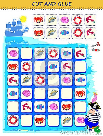 Use a scissors to cut and glue the sea objects in order. Logic Sudoku puzzle game. Educational page for children. Printable Vector Illustration
