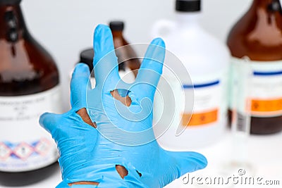 Use torn gloves when working with hazardous chemical in the laboratory Stock Photo