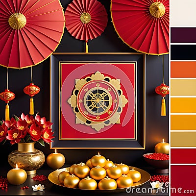The use of vibrant red, along with the addition of vivid gold and orange hues, really sets the stage Stock Photo