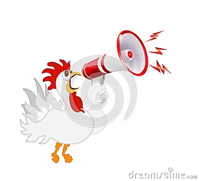 White rooster screaming in a megaphone. Humorous isolated illustration Stock Photo
