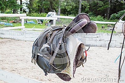 Used black dressage horse riding saddle with girth, stirrup and riding gloves Stock Photo