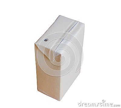 Used Brown milk carton is crumple isolated Stock Photo