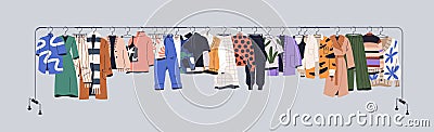 Used clothes on racks, hanging on secondhand store hanger rail. Garments mix on sale. Apparel leftovers assortment in Vector Illustration