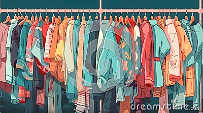 Used clothes on racks, hanging on secondhand store hanger rail, generative AI. Cartoon Illustration