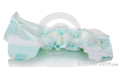 The used disposable diaper is isolated on white background. Stock Photo