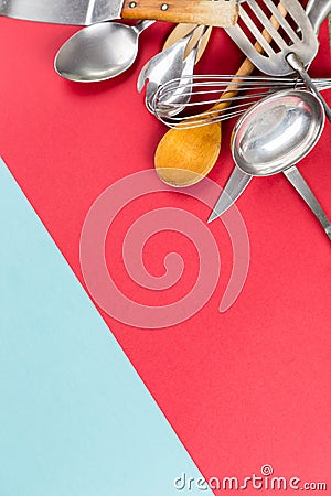 Used home kitchenware with scratches on paper background Stock Photo