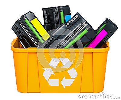 Used laser printer cartridges in recycling bin, 3D rendering Stock Photo