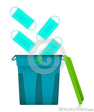 Used medical masks fly into the bin, a container for recycling. End of pandemic, the victory over the virus, a protracted disease Vector Illustration