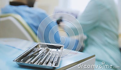 Used metal medical equipment tools for teeth dental care during stomatology surgery Stock Photo