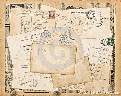 Used paper background Vintage postcards handwritten letter Editorial Stock Photo