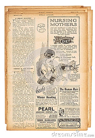 Used paper page english text advertising pictures Vintage newspaper Stock Photo