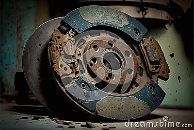 Used rusty brake discs lie on floor in auto workshop Stock Photo
