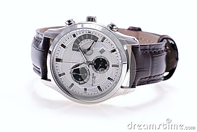 Used silver watch with leather wristlet. Stock Photo