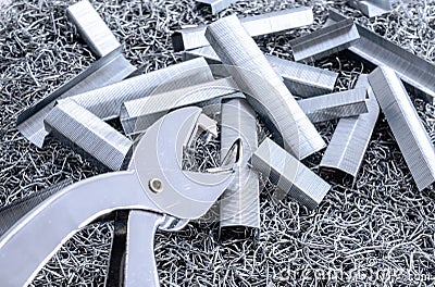 USED STAPLES WITH STAPLE NEEDLE AND STAPLE REMOVER Stock Photo