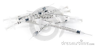 Used syringes for insulin isolated on white Stock Photo