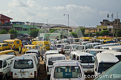 Used Taxi vehicles for sale at the market in Oshodi Editorial Stock Photo