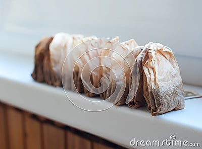 Used tea bags Stock Photo