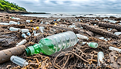 Used weathering and differently colored plastic parts and plastic residues pollute the sand and soil of nature Stock Photo