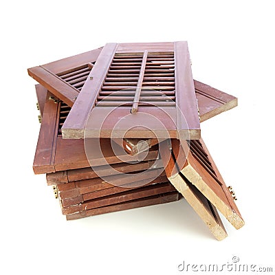 Used window shutters - recycled building materials Stock Photo