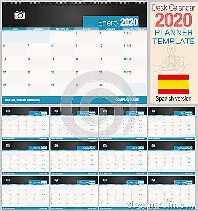 Useful desk calendar 2020 with space to place a photo. Size: 210 mm x 148 mm. Spanish version Vector Illustration