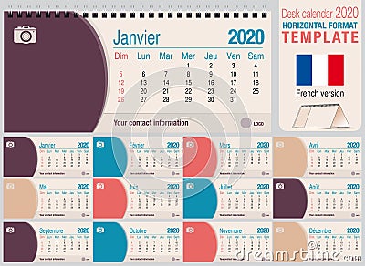 Useful desk triangle calendar 2020 template, with space to place a photo. Size: 22 cm x 10 cm. Format horizontal - French version Vector Illustration