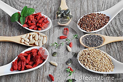 Useful, healthy food. Set the seeds for a healthy diet. Stock Photo