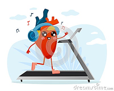 Useful healthy training for heart. Body organ runs on treadmill and listens to music on headphones. Cartoon character Vector Illustration