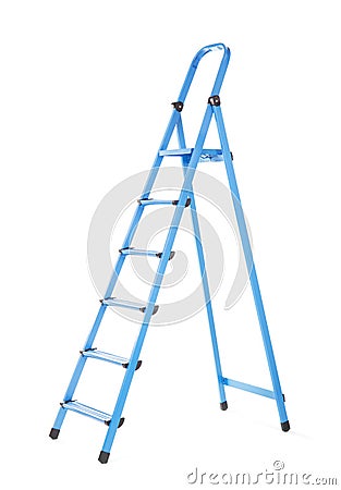 Useful, high and blue ledder, isolated on a white background. Renovation. A step ladder for repair. Stock Photo