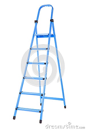 Useful, high and blue ledder, isolated on a white background. Renovation. A step ladder for repair. Stock Photo