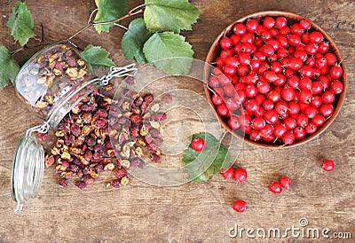 Useful properties of hawthorn berries. Fresh and dried hawthorn on a wooden background.Alternative traditional medicine Stock Photo