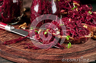 Useful sandwiches with beetroot and walnuts Stock Photo