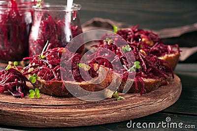 Useful sandwiches with beetroot and walnuts Stock Photo