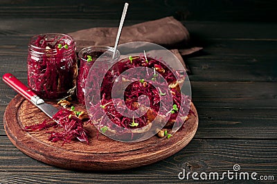 Useful sandwiches with beetroot and walnuts Stock Photo