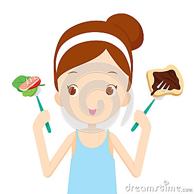 Useful and useless food, choices for girl choosing to eat Vector Illustration