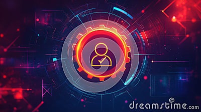 User Authentication Icon, A bright gear symbol with a person and checkmark representing user authentication and system settings Stock Photo