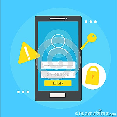 User based security banner. Phone with login box, key, lock Vector Illustration