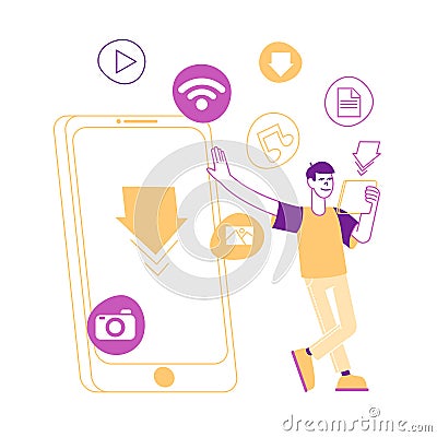 User Character Stand at Huge Mobile Phone with Free Download Arrow Sign on Smartphone Screen Vector Illustration