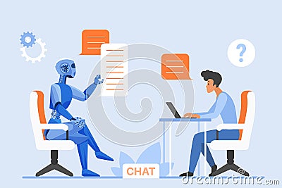 User and chat bot conversation, chatgpt, tiny man sitting at computer desk to type text Vector Illustration
