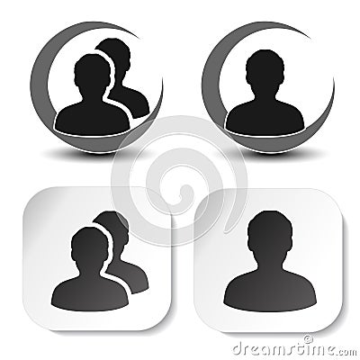User and community black symbols. Simple man silhouette. Profile labels on white square sticker and round symbol. Sign of member Vector Illustration
